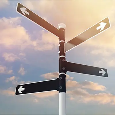 a signpost with four signs with arrows pointing in different directions, against a cloudy sky with the sun setting